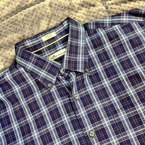Peter Millar Mens XL Navy Blue Plaid Button Down Shirt 100%‎ Cotton Long Sleeve